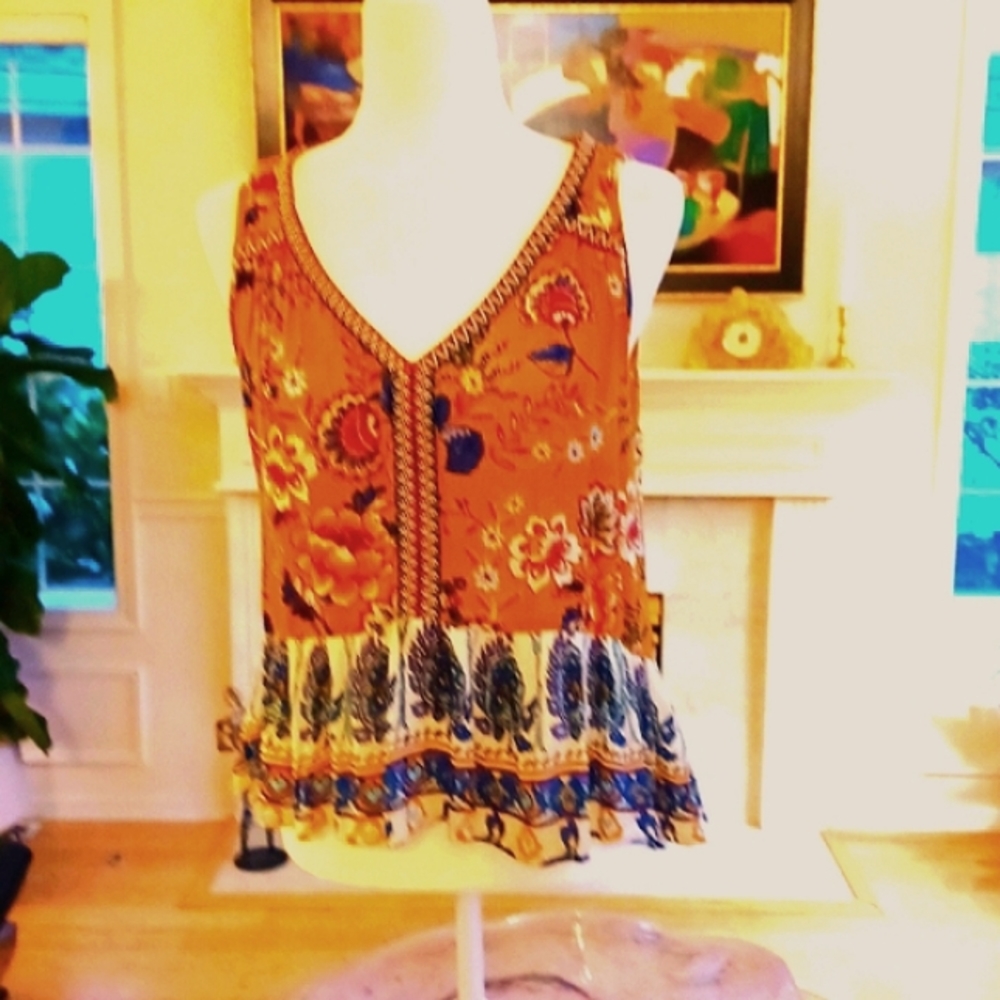 Patrons of Peace Boho, Slvls TOP, ruffled peplum, graduated hem, Sz Small